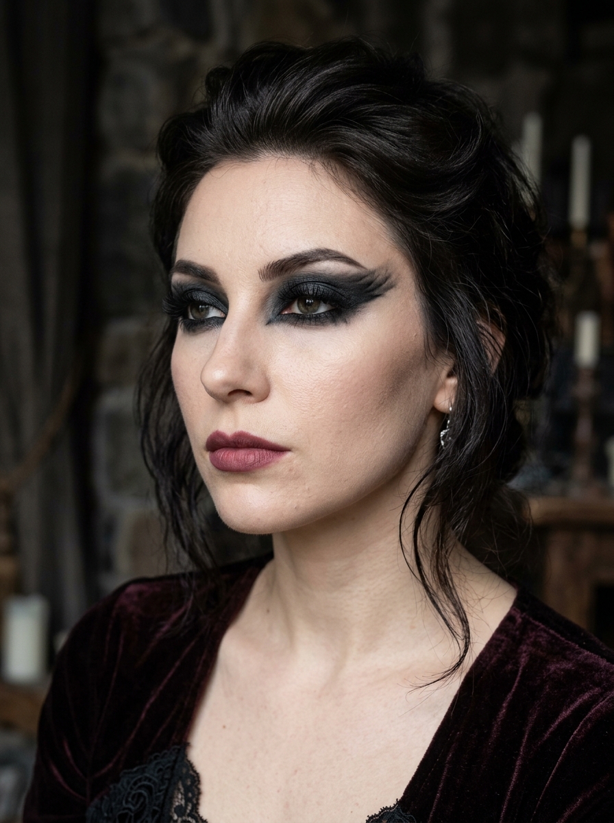 Dramatic Gothic Winged Eye Makeup als Halloween Makeup Ideen für Frauen Inspiration 2026